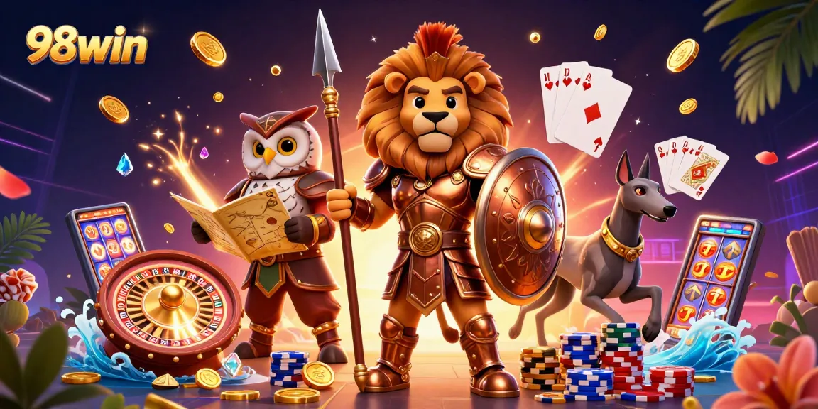 Win big with 98win's stunning 3D illustration of casino adventures featuring exciting games and characters.