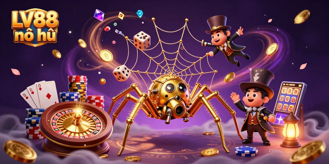 Experience the excitement of LV88 nổ hũ with dazzling golden coins and a dynamic steampunk spider web.