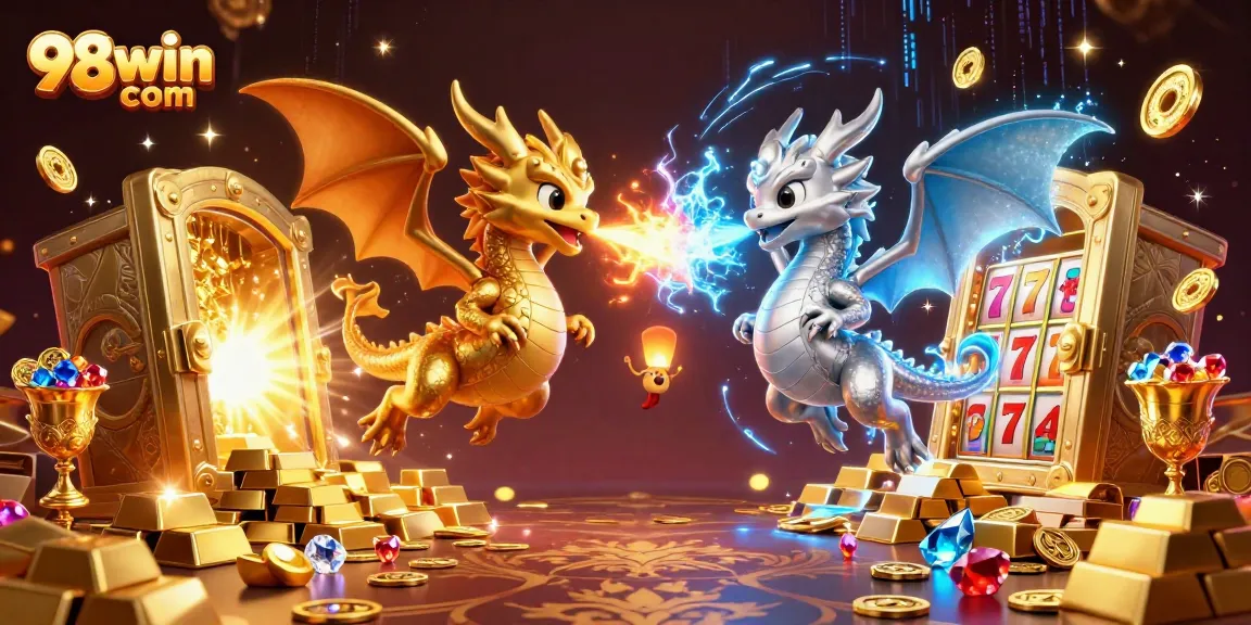 Win big with 98win com featuring thrilling dragons and treasure-filled casino scene.