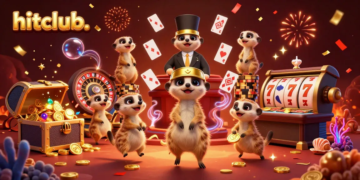 Engage in thrilling casino action at hitclub. with lively meerkats managing games, colorful elements, and a festive atmosphere.